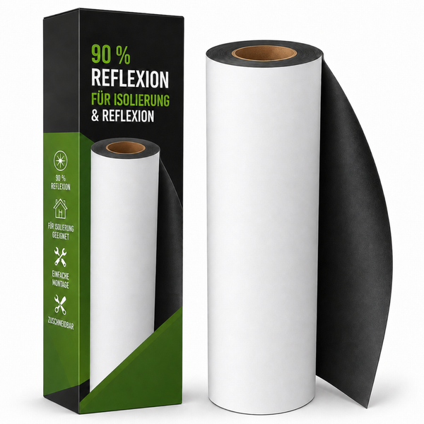 Isolierfolie mit 90 Prozent Reflexion auf der Rolle neben der Produktverpackung für die Wärmedämmung.