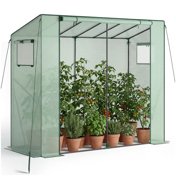 Folien-Gewächshaus für Tomaten und Kräuter mit aufrollbarer Tür und Seitenfenstern, bestückt mit verschiedenen Pflanzen in Tontöpfen.