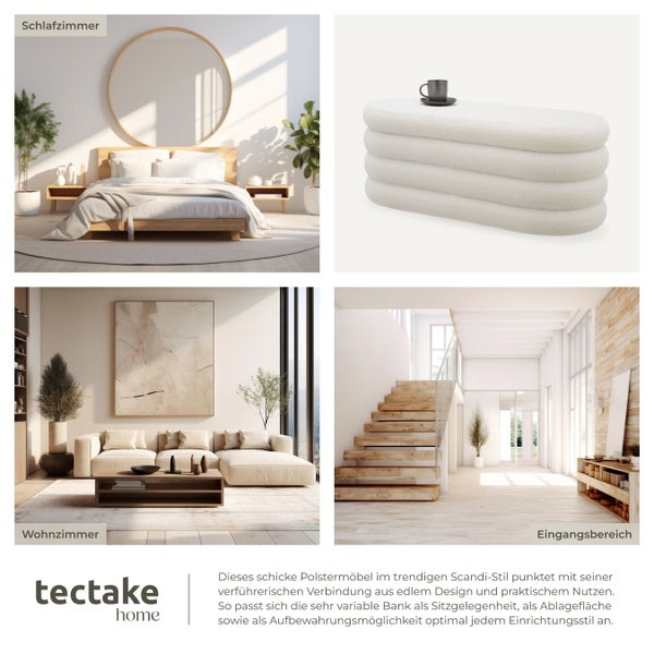 Verschiedene Wohnbereiche im Scandi-Stil: Schlafzimmer mit Bett, Wohnzimmer mit Sofa, Eingangsbereich mit Treppe und Polsterbank.