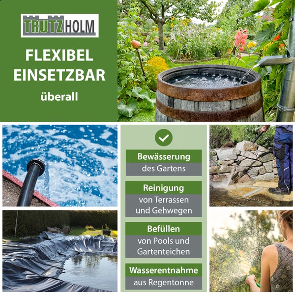 Produktbild zur flexiblen Verwendung mit Regentonne, Gartenbewässerung, Terrassenreinigung, Poolbefüllung und Wasserentnahme. TrutzHolm Logo.