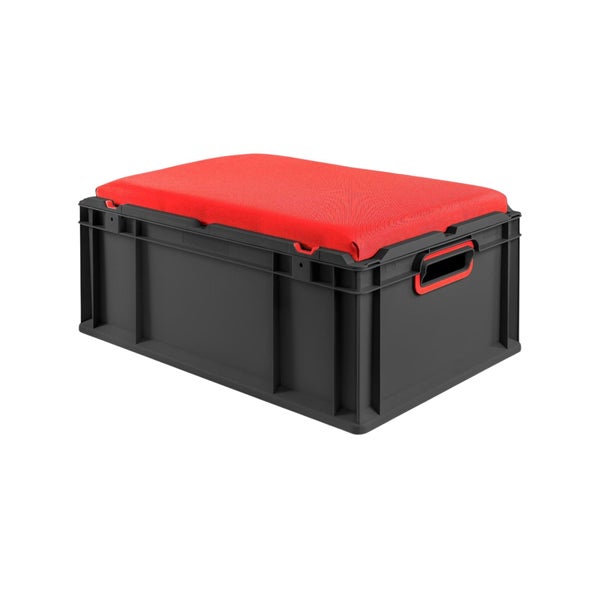 Schwarze Eurobox mit rotem Sitzkissen