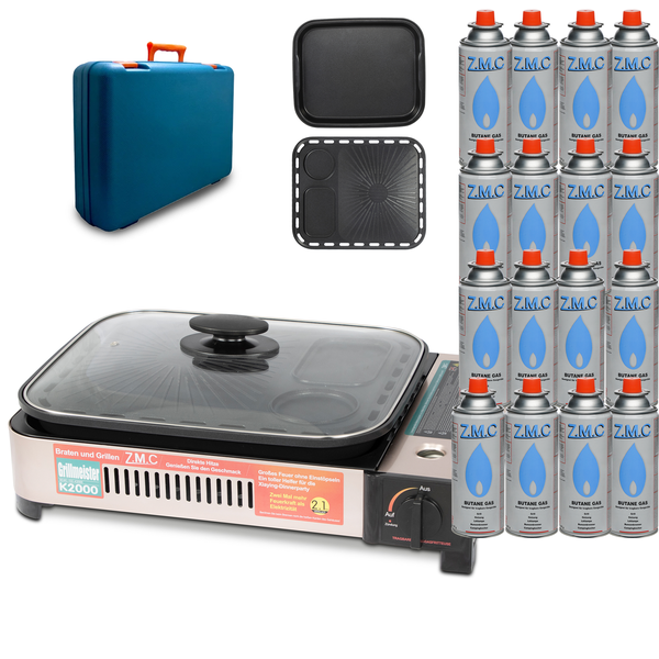 ZMC 2-in-1 Gaskocher und Gasgrill + 16 Gaskartuschen 227g, inkl. Grillplatte, Pfanne, Glasdeckel und Koffer, Campingkocher für innen- und Außenbereich, Tischgrill mit Piezo-Zündung