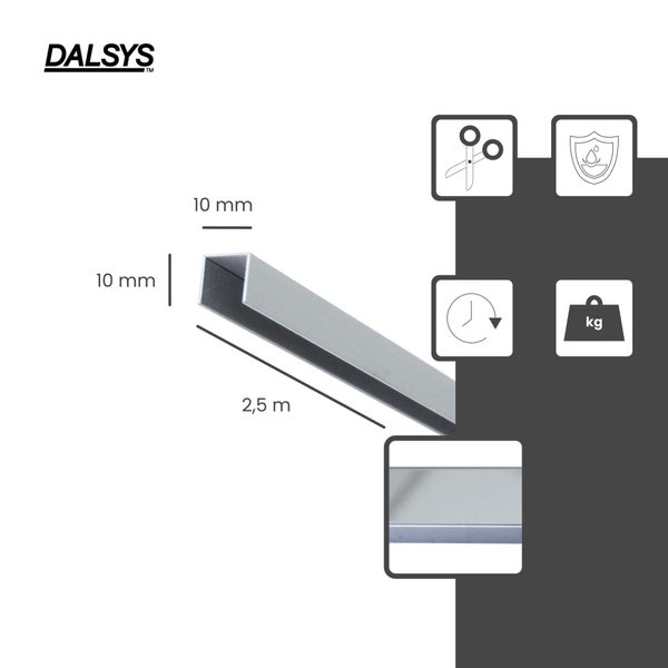 Dalsys Logo, U-Profil aus Aluminium, 10 Millimeter breit, 10 Millimeter hoch, 2,5 Meter lang. Symbole für zuschneidbar und korrosionsbeständig.
