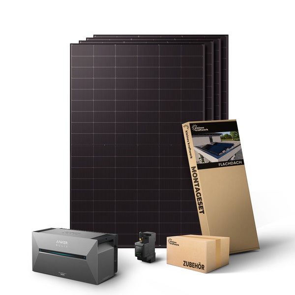 Balkonkraftwerk Set für Flachdächer mit vier Solarmodulen, Anker Solix Solarbank 2 Pro, Smart Meter und Montageset von Kleines Kraftwerk.