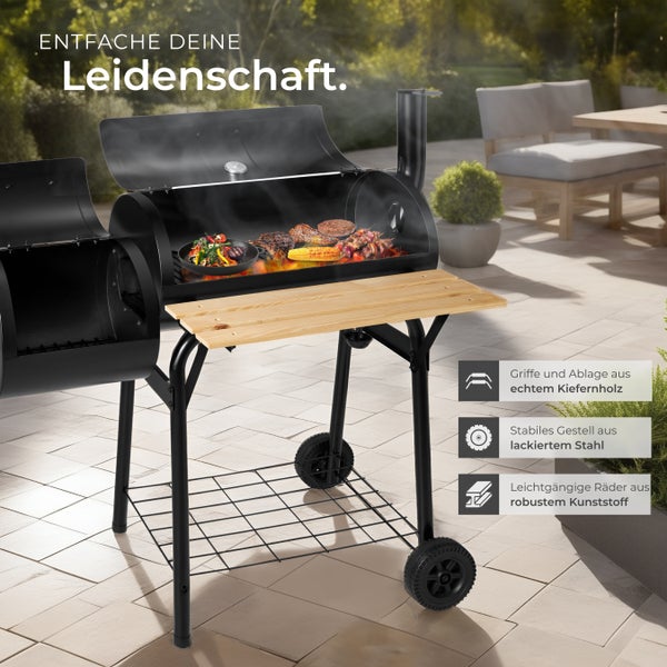 Holzkohlegrill tectake  115 x 67 x 115 cm 3 in 1, zum Grillen, Räuchern, Garen, mit 2 Rädern schwarz