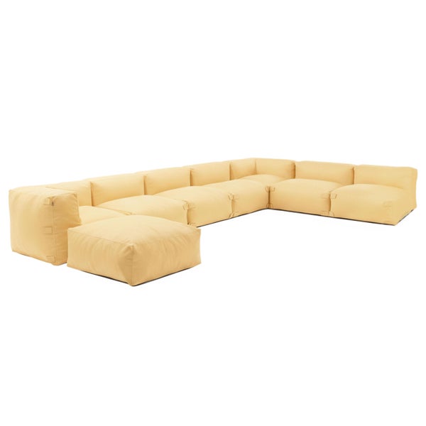 Modulares Lounge Sofa Set in Blau aus fünf Elementen mit Stoffbezug und schwarzen Verbindungsgurten.