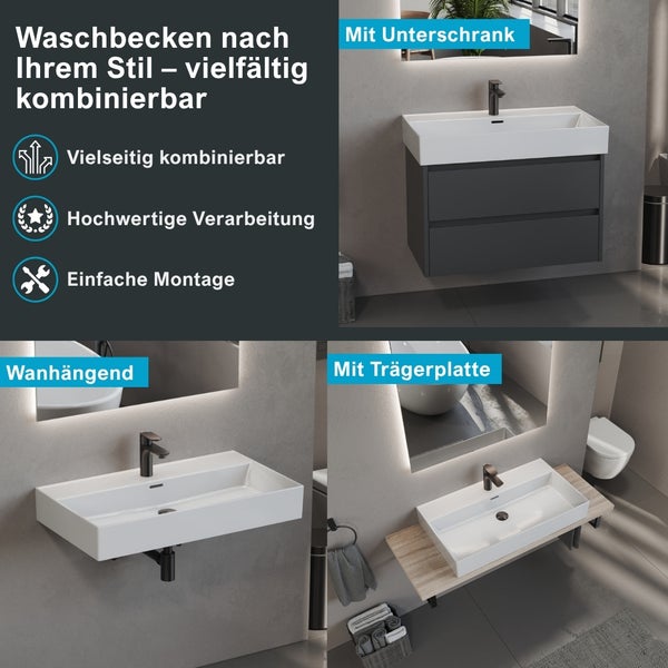 Waschbecken in verschiedenen Montagevarianten: mit Unterschrank, wandhängend oder mit Trägerplatte. Hochwertig und montagefreundlich.