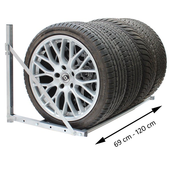 Reifenregal mit Reifen und Felgen, verstellbar von 69 cm bis 120 cm