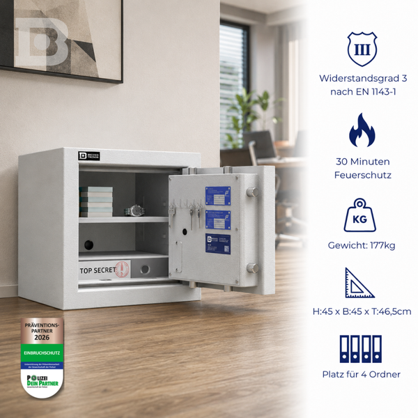 Geöffneter Tresor mit Widerstandsgrad 3, 30 Minuten Feuerschutz, Platz für 4 Ordner, Gewicht 177 Kilogramm, 45 mal 45 mal 46,5 Zentimeter.