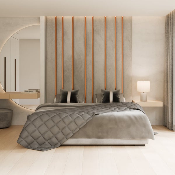 Helles Schlafzimmer mit Bett, Nachttisch und Dekorationen