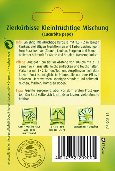 Rückseite der Samentüte für Zierkürbisse mit Anbauhinweisen, Aussaat- und Blütezeiten, Qualitätssiegel für Saatgut und Quedlinburger Saatgut Logo.