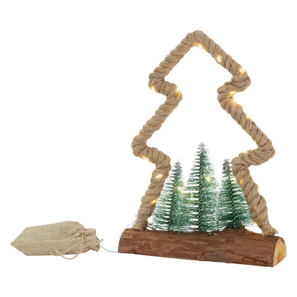 ECD Germany LED Jute Baum mit LED-Beleuchtung 23x6,5x30 cm, Deko Weihnachtsbaum aus Seil mit 30 warmweißen LEDs, 3 Tannen, Jutesäckchen, batteriebetrieben, Timer, Tannenbaum Figur Weihnachtsdeko Innen