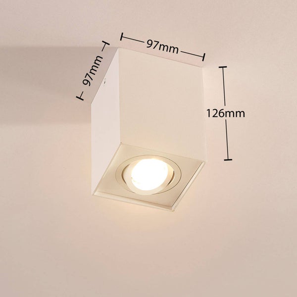 Abmessungen einer Aufbauleuchte: 97 mm x 97 mm x 126 mm.