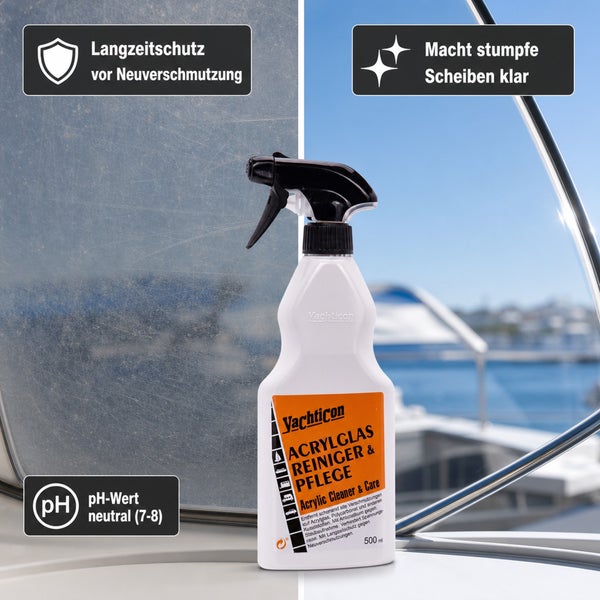 Yachticon Acrylglas Reiniger und Pflege 500 Milliliter Flasche mit Sprühkopf für Kunststoffoberflächen zur Reinigung und zum Langzeitschutz.
