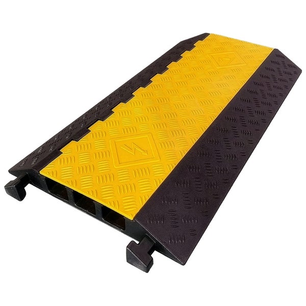 Kabelbrücke mit gelbem Klappdeckel, rutschfestem Profil und mehreren Kanälen für Kabelschutz, inklusive Warnsymbol für Elektrizität.