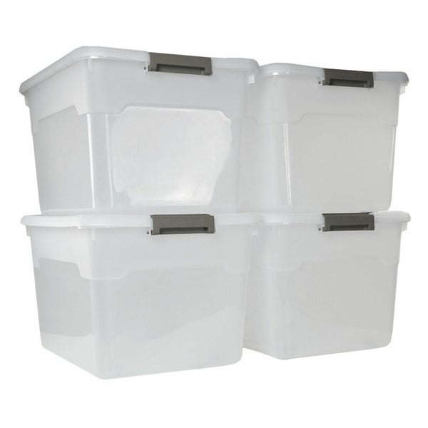 Stapel mit vier durchsichtigen Aufbewahrungsboxen aus Kunststoff mit Deckel