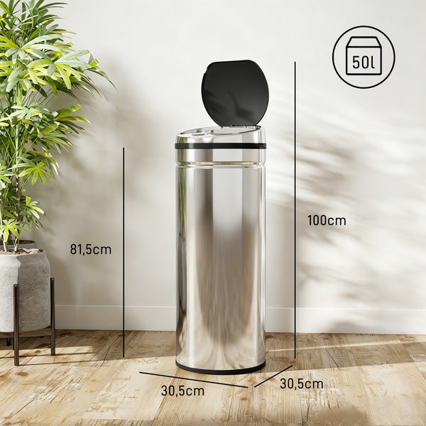 Runder Abfalleimer aus Metall mit Sensor Deckel, Fassungsvermögen 50 Liter, Maße 30,5 mal 30,5 mal 81,5 Zentimeter, Gesamthöhe 100 Zentimeter.