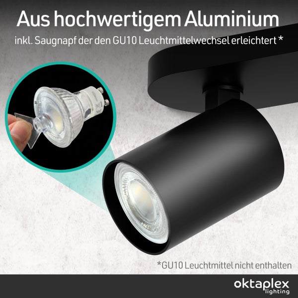 Aluminium-Strahler inklusive Saugnapf zum Wechseln von GU10 Leuchtmitteln. Leuchtmittel nicht enthalten. oktaplex lighting Logo.