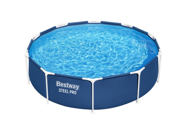 Bestway Steel Pro runder Rahmenpool mit weißem Stahlrohrgestell und blauem Becken.