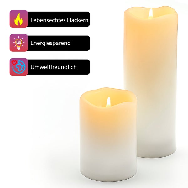 Zwei LED Stumpenkerzen mit lebensechtem Flackereffekt, energiesparend und umweltfreundlich.