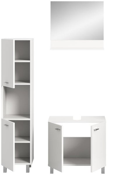 Badezimmermöbel-Set in Weiß, bestehend aus Hochschrank, Waschbeckenunterschrank und Wandspiegel mit Ablage.