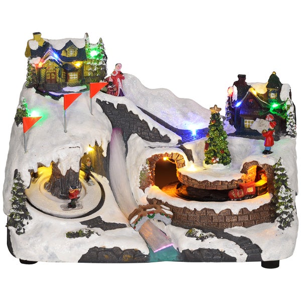 HOMCOM Weihnachtsdorf Weihnachtsstadt mit LED-Leuchtung, Musik, Häuser, Eisläufer, rotierende Eisläufer und beweglicher Zug, Winterlandschaft für Weihnachten, Mehrfarbig