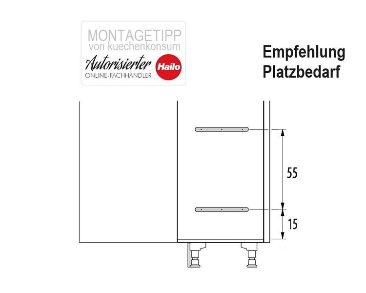 Technische Zeichnung zur Montageempfehlung für den Platzbedarf eines Schranks mit dem Hailo Logo und Maßangaben 55 und 15.