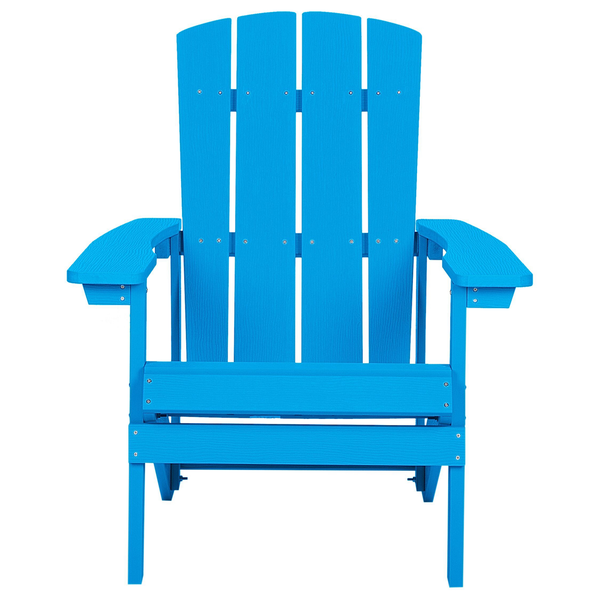 Adirondack-Gartenstuhl aus Kunststoff in Blau mit Holzstruktur, breiten Armlehnen und hoher Rückenlehne.