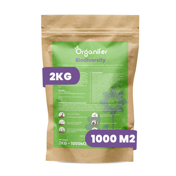 Organifer Biodiversity Wildblumenmischung im 2 Kilogramm Beutel für 1000 Quadratmeter, Organifer Logo.
