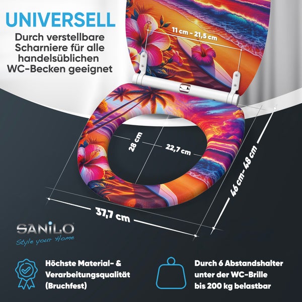 Sanilo WC-Sitz mit Strand-Motiv, verstellbare Scharniere, bruchfest, belastbar bis 200 Kilogramm, inklusive Maßangaben.