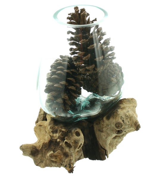 FRANK FLECHTWAREN | Wurzelholzvase Aqua, GLAS, HOLZ, ca. 20 x 20 x 23 cm