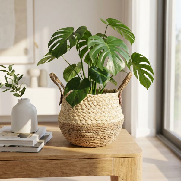 Monstera Pflanze in einem geflochtenen Korb aus Seegras mit Tragegriffen auf einem Holztisch mit Dekoration
