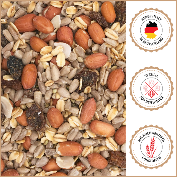 Vogelfutter mit Erdnüssen, Sonnenblumenkernen und Getreideflocken, Siegel: Hergestellt in Deutschland, speziell für den Winter, aus hochwertigen Rohstoffen