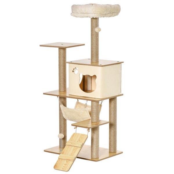 PawHut Kratzbaum Katzenbaum für Katzen Kletterbaum aus Holz mit Katzenhöhle Jutestämmen großer Plattform Spielbälle 130 cm Höhe stabil Plüsch Gelb 60 x 40 x 130 cm