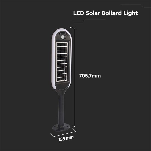 LED Solar Pollerleuchte mit den Maßen 705,7 mm Höhe und 155 mm Sockelbreite.