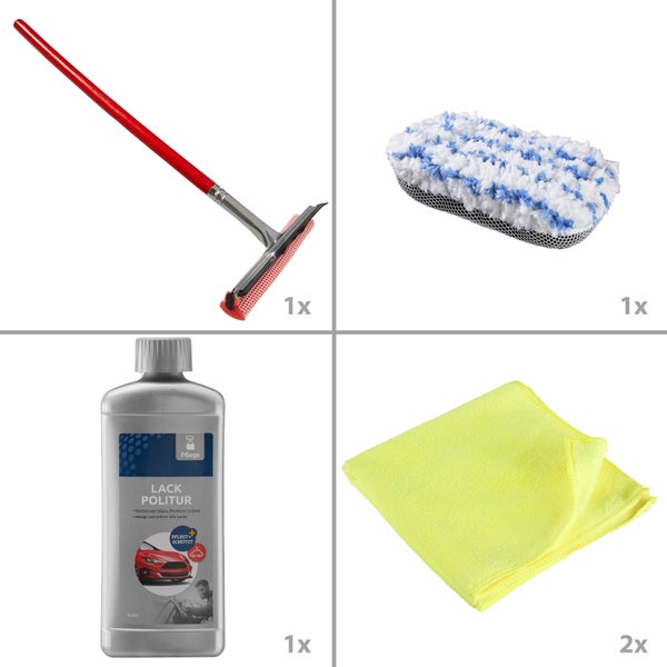 Set mit Autopolitur, Auto-Waschbürste, Schwamm und zwei Mikrofasertüchern