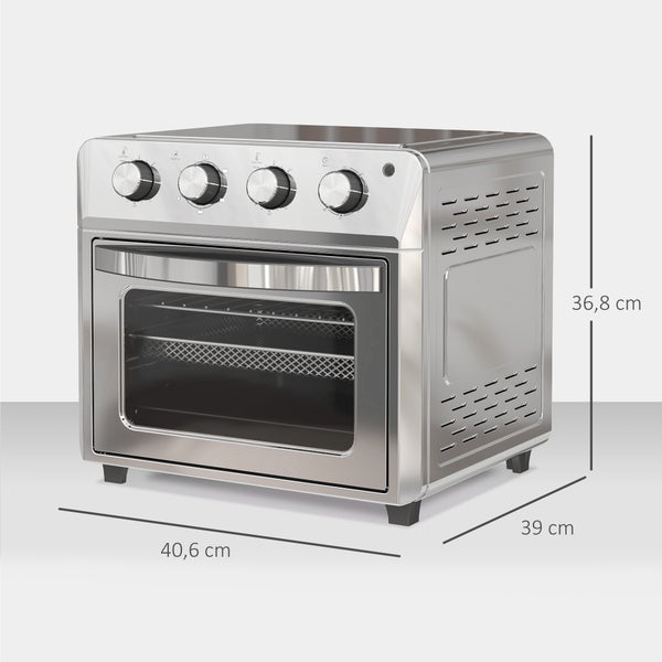 Mini-Backofen aus Edelstahl mit vier Drehreglern. Maße: Breite 40,6 Zentimeter, Höhe 36,8 Zentimeter, Tiefe 39 Zentimeter.