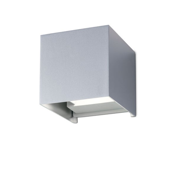 Moderne quadratische LED-Außenwandleuchte in Grau aus Metall mit Lichtaustritt nach unten.