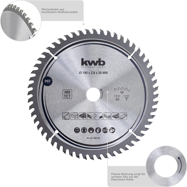 kwb Kreissägeblatt 184 x 16 mm, sehr feiner Schnitt, Sägeblatt geeignet für Arbeitsplatten, Holz und beschichtete Platten
