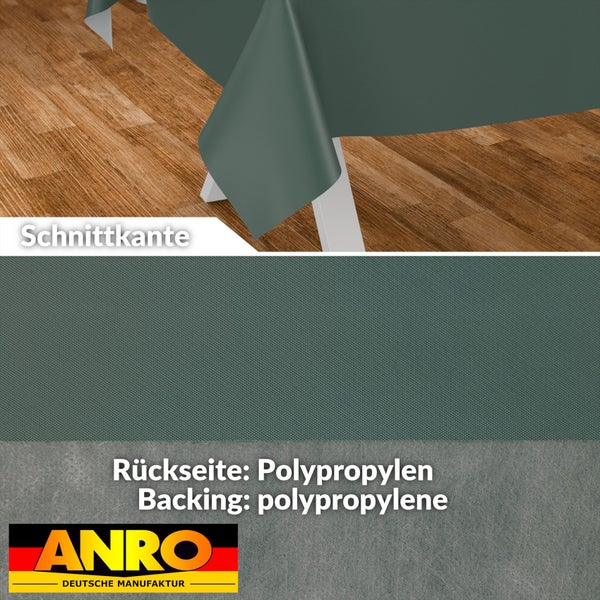 Wachstuch-Tischdecke mit Polypropylen-Rückseite, Detailansicht der Oberfläche und Schnittkante, ANRO Logo.