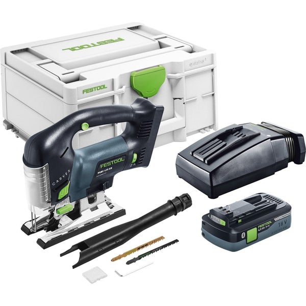 Festool Akku-Stichsäge Carvex PSBC 420 EB mit 18 Volt Akku, Ladegerät, Sägeblättern und Systainer Transportkoffer.