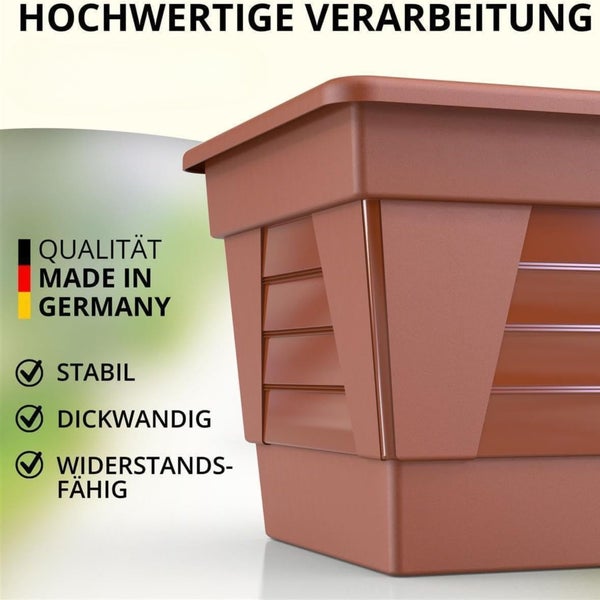 Stabiler Blumenkasten aus Kunststoff mit hochwertiger Verarbeitung und Qualitätssiegel Made in Germany.