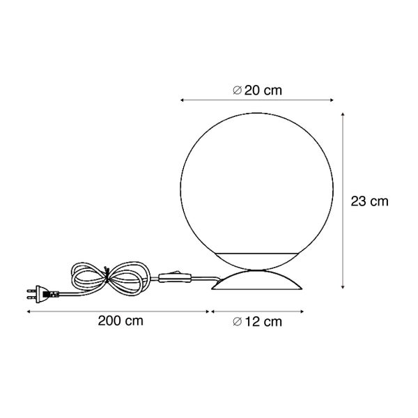 Maße einer runden Tischleuchte: Durchmesser 20 Zentimeter, Höhe 23 Zentimeter, Standfuß 12 Zentimeter, Kabellänge 200 Zentimeter.