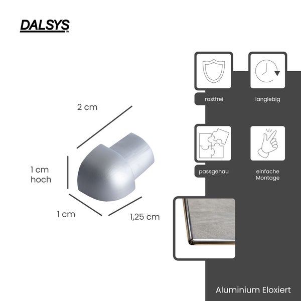 Dalsys Logo, Eckstück aus eloxiertem Aluminium, 2 Zentimeter lang, 1 Zentimeter hoch, rostfrei, langlebig, passgenau und einfach zu montieren.