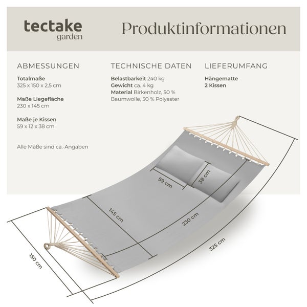 Hängematte tectake Eden 230 x 145 cm mit Spreitzstäben, für 2 Personen hellgrau