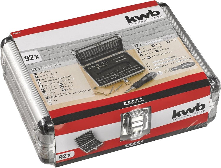 kwb Power Bit-Box 92-tlg  inkl. Bits, Bithalter mit Dauermagnet, langer Bithalter Sechskant-Schaft und Ratschen-Handgriff in stabilem Metallkoffer
