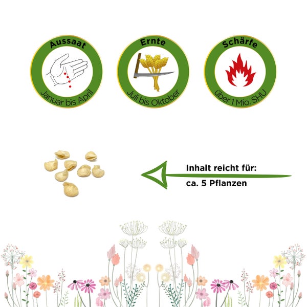 Symbole für Aussaat von Januar bis April, Ernte von Juli bis Oktober und Schärfegrad über 1 Million SHU. Inhalt reicht für circa 5 Pflanzen.
