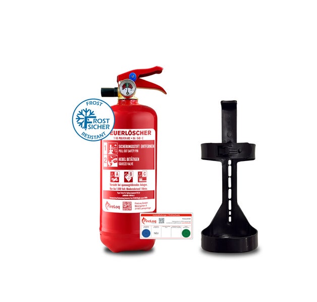 FireLoq 1 Kilogramm Pulverfeuerlöscher für Brandklassen A, B, C, frostsicher, inklusive schwarzer Wandhalterung und Instandhaltungsnachweis.