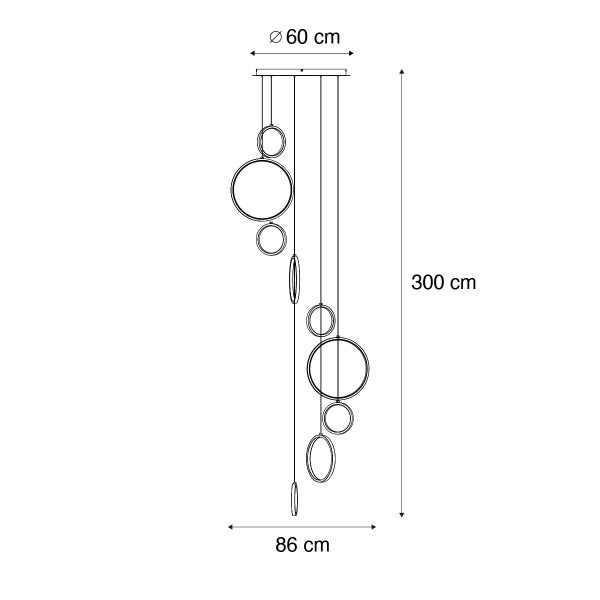 Technische Zeichnung einer Pendelleuchte mit Ringen, Durchmesser 60 Zentimeter, Länge 300 Zentimeter, Breite 86 Zentimeter.