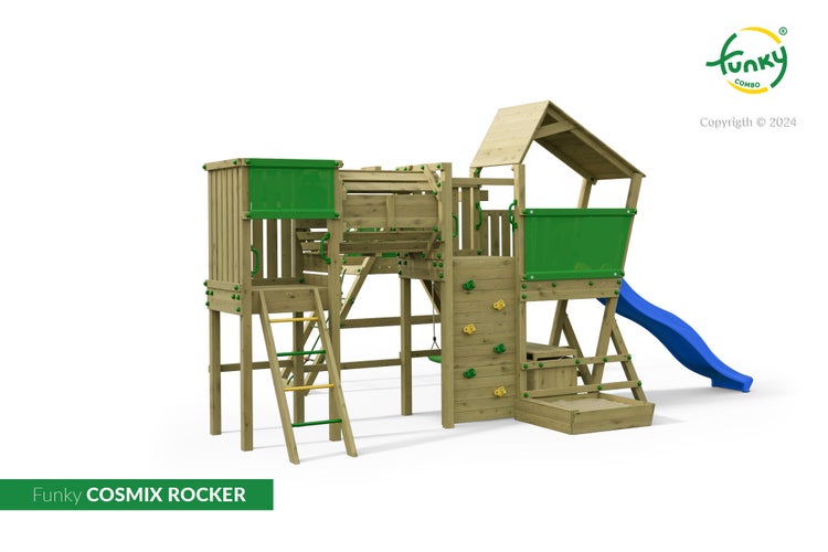 Kletterturm Funky COSMIX ROCKER aus Holz mit Rutsche, Kletterwand und Sandkasten.